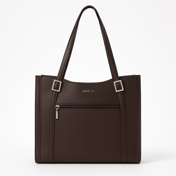 GUESS  Brown Faux Leather Shoulder Tote Bag – Silver Buckle Detail, Medium Sz - Picture 1 of 3